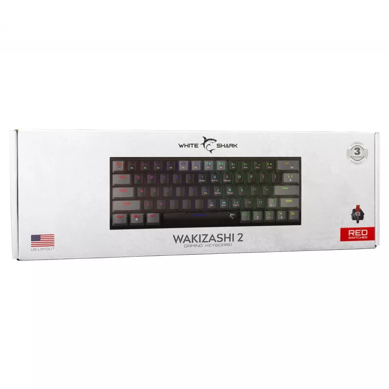 Mehāniskā spēļu tastatūra White Shark Wakizashi WAKIZASHI-2 ar US sarkanajiem slēdžiem, melni pelēka