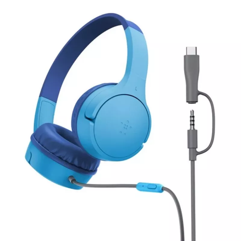 Uz austiņām liekamās austiņas Belkin SoundForm Mini vadu 3.5 mm USB-C zilā krāsā