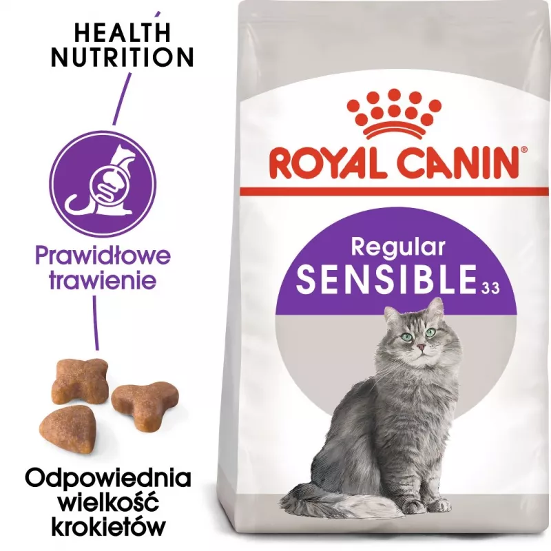 Sausā kaķu barība Royal Canin Sensible 33 Adult — 2 kg, olbaltumvielas 33%, tauki 22%, gremošanas atbalsts, mājputnu garša