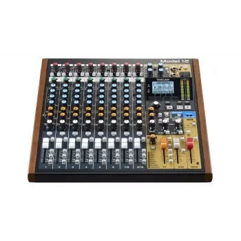 Mikseris Tascam Model 12 — 12 kanālu analogais/ciparu mikseris, 24 bitu, 48 kHz, USB‑C, SD karte, Bluetooth 5.0