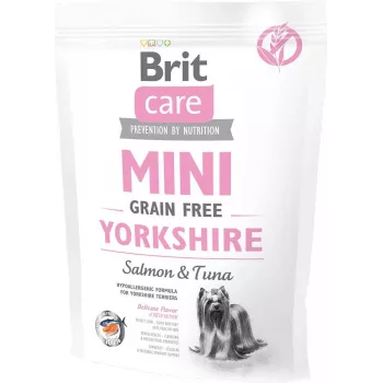Sausā suņu barība Brit Mini Adult Yorkshire 400 g — mazu šķirņu pieaugušiem suņiem, lasis, 30% proteīna, 19% tauku, 10% mitruma