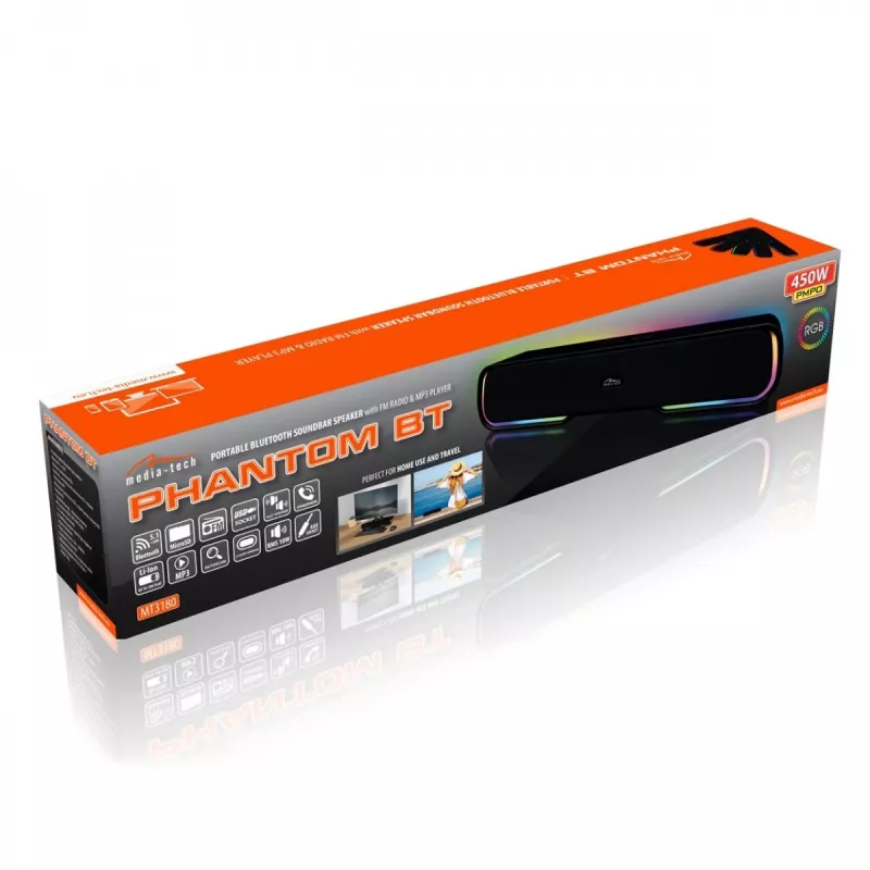 Skaļruņi MEDIA‑TECH Phantom MT3180 skaņas josla 450W RMS, 80W ar baterijām darbināma, Bluetooth, vadu un bezvadu, melna