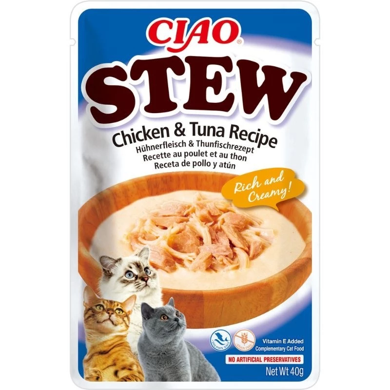 Mitrs kaķu kārums INABA Ciao Stew Chicken & Tuna 40 g iepakojumā, gaļīgs maisiņš, 86,5% mitrums