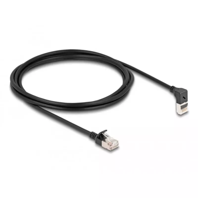 Delock - Tīkla kabelis - RJ-45 (V) uz augšu leņķveidīgs uz RJ-45 (V) taisns - 2,0 m - 4,5 mm - S/FTP - CAT 6a - Ekranēts, bez halogēna - Melns (80288)