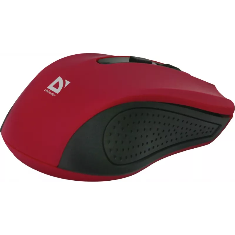 Bezvadu optiskā pele DEFENDER MM-935 RF — piemērota abām rokām, 1600 DPI, sarkana, RF USB uztvērējs, AAA baterijas