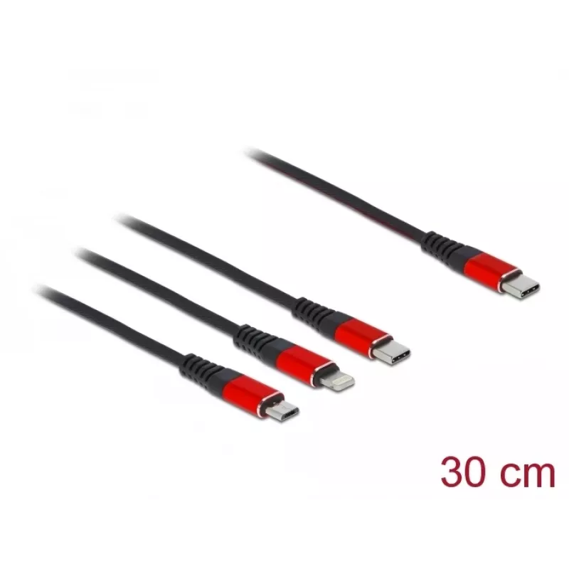 USB uzlādes kabelis DeLOCK 86710 3-in-1 USB Type-C uz Lightning Micro USB 30 cm Melns Sarkans