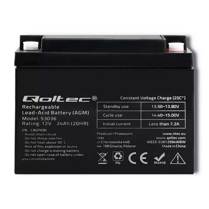 Qoltec 53036 AGM akumulators | 12V | 24Ah | maks. 360A