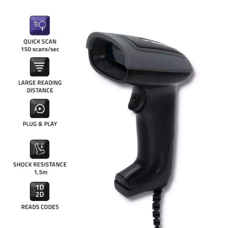 Rokas svītrkodu lasītājs QOLTEC 50863 — 1D/2D skeneris, USB vadu savienojums, LED sensors, melns, 5V, 1,8 m kabelis