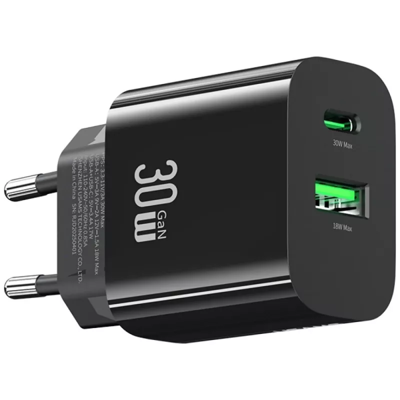 usams Lādētājs USA001631 30W ar 1x USB-C un 1x USB-A ātro uzlādi