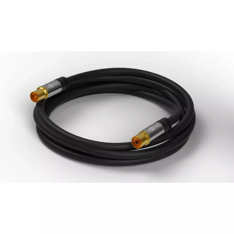 Goobay TV antenas kabelis (135 dB tips), 4x ekranēts, 2 m, melns - zelta pārklājums, koaksiālā ligzda > koaksiālais spraudnis (70367)
