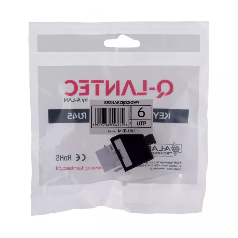 Keystone ligzda A-LAN MKB-U6-1 — RJ45 U/UTP Cat6, 22/26 AWG, melns/balts ABS korpuss
