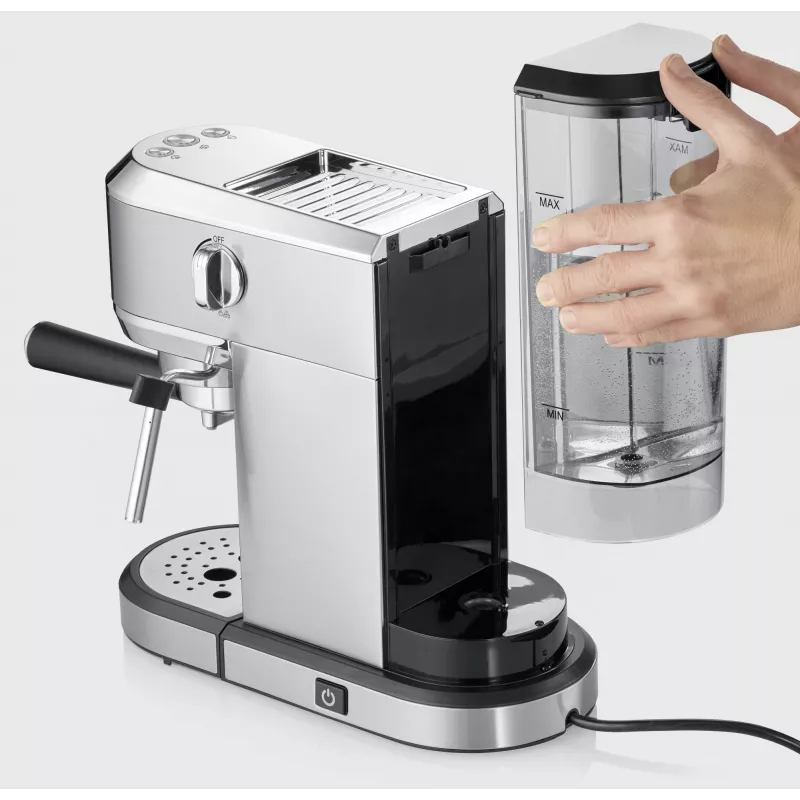 Espresso automāts SEVERIN Newspresa KA 5997 — pusautomātisks, 1 L ūdens tvertne, 1350 W, maltas kafijas iepilde, melns/matēts tērauds/hroms