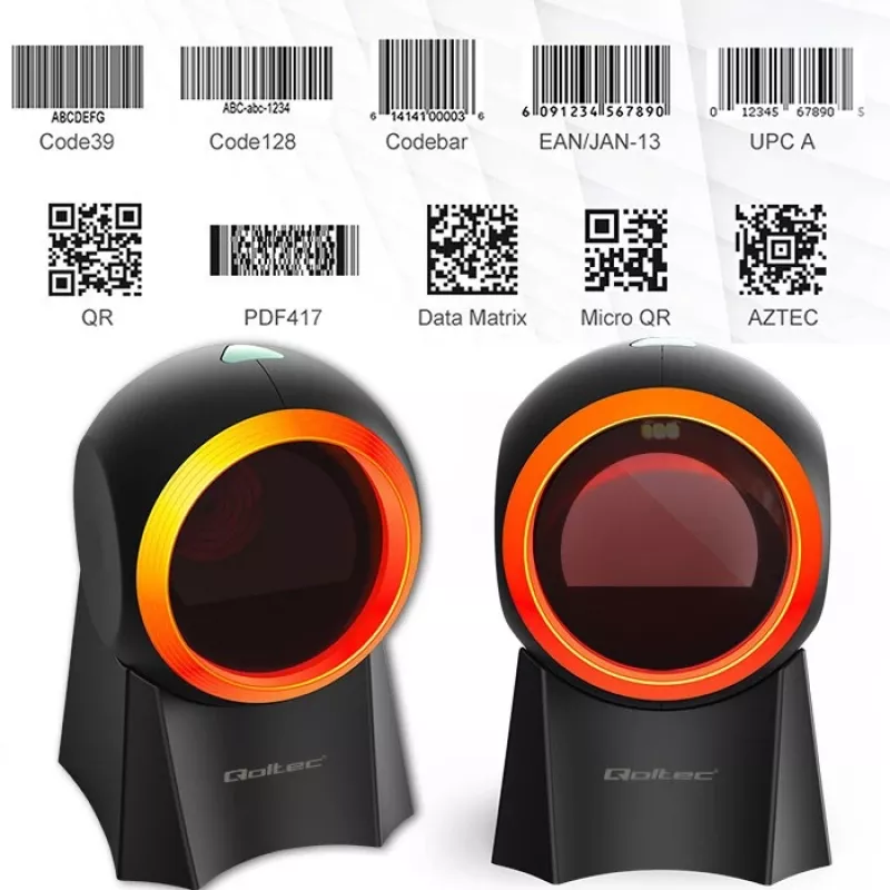 Vadu galda svītrkodu skeneris QOLTEC 50857 — 1D/2D, USB, ABS korpuss, melns, 1,75 m kabelis