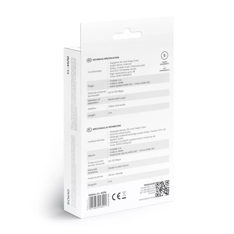 Savio CL-40/M HDMI (M) - micro HDMI (M) kabelis ar Ethernet, 2m, Melns