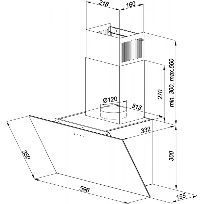 Pie sienas stiprināms skursteņa tipa tvaika nosūcējs MAAN Vertical Glass 60 Melns, stikls/tērauds, 595 mm, 135–320 m³/h, elektroniska vadība