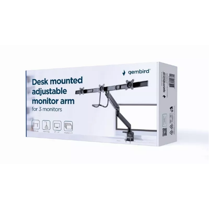 Galda monitora stiprinājums GEMBIRD MA-DA3-03, 3 sviras, gāzes atspere, VESA 75–100x100, atbalsta 3 displejus līdz 27 collām, maks. 18 kg, melns