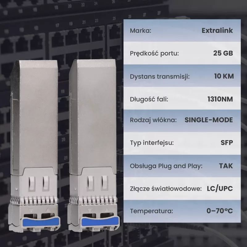 Extralink SFP28 25G 2-Pack | SFP28 modulis | 25Gbps, LC/UPC Duplex, 1310nm, 10km, vienmoda, DOM tīkla raiduztvērēja modulis
