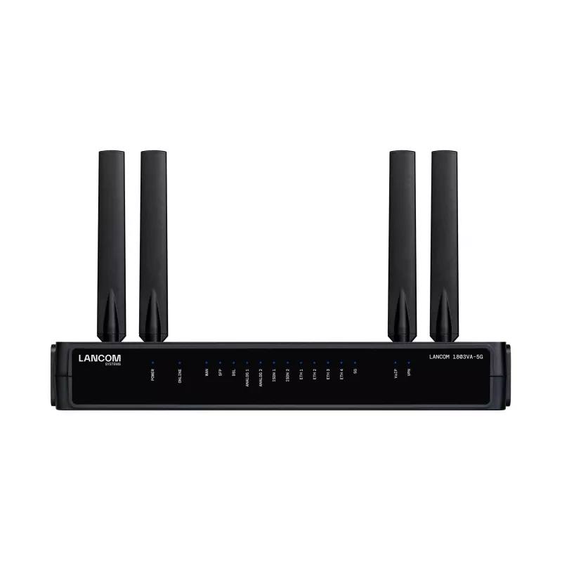Maršrutētājs Lancom Systems LANCOM 1803VA-5G (EU) — 5G, Gigabit Ethernet, ārējā SMA antena, 1 ventilators, AES/3DES drošība