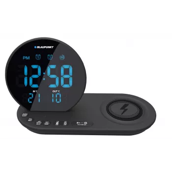 FM PLL clock radio/ALARM/USB/CR85BK CHARGE/Wireless charging/iekštelpu/outdoor temperature/Melns