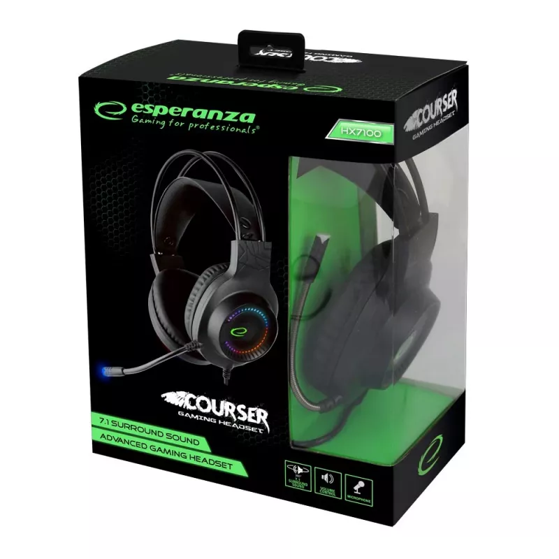 Vadu austiņas ESPERANZA EGH7100 — over-ear spēļu austiņas, USB 2.0, 1,5 m kabelis, mikrofons ar sviru, RGB galvas saite, 32 Ω, 4 cm draiveri, 269 g