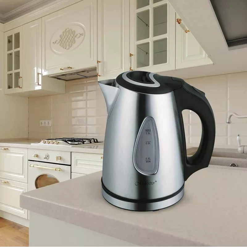 Elektriskā tējkanna Maestro MR-029New 1 L 1600 W nerūsējošais tērauds, balta, ūdens līmeņa indikators