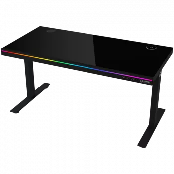 Divu motoru sēdus/stāvus regulējama augstuma spēļu galds ar bezvadu lādētāju, RGB apgaismojumu, vadības paneli un USB portiem, rūdīta stikla virsma, melns.