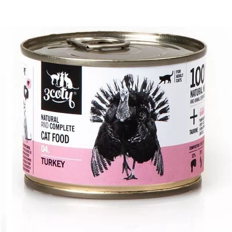 Mitrā kaķu barība 3coty 04 Turcijas gaļa 180 g — pastēte pieaugušiem kaķiem, vienas olbaltumvielas avots, pilnvērtīga barība
