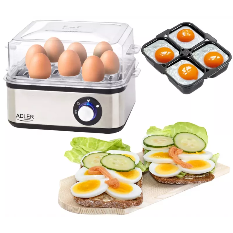 Olu vārāmais katls Adler AD 4486 — ietilpība 8 olām, 800 W, melns, matēta tērauda ar caurspīdīgu vāku