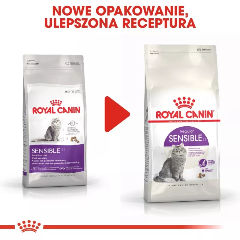 Sausā kaķu barība Royal Canin Sensible 33 4 kg — pieaugušiem kaķiem, mājputnu gaļa un rīsi, olbaltumvielas 33%, tauki 22%