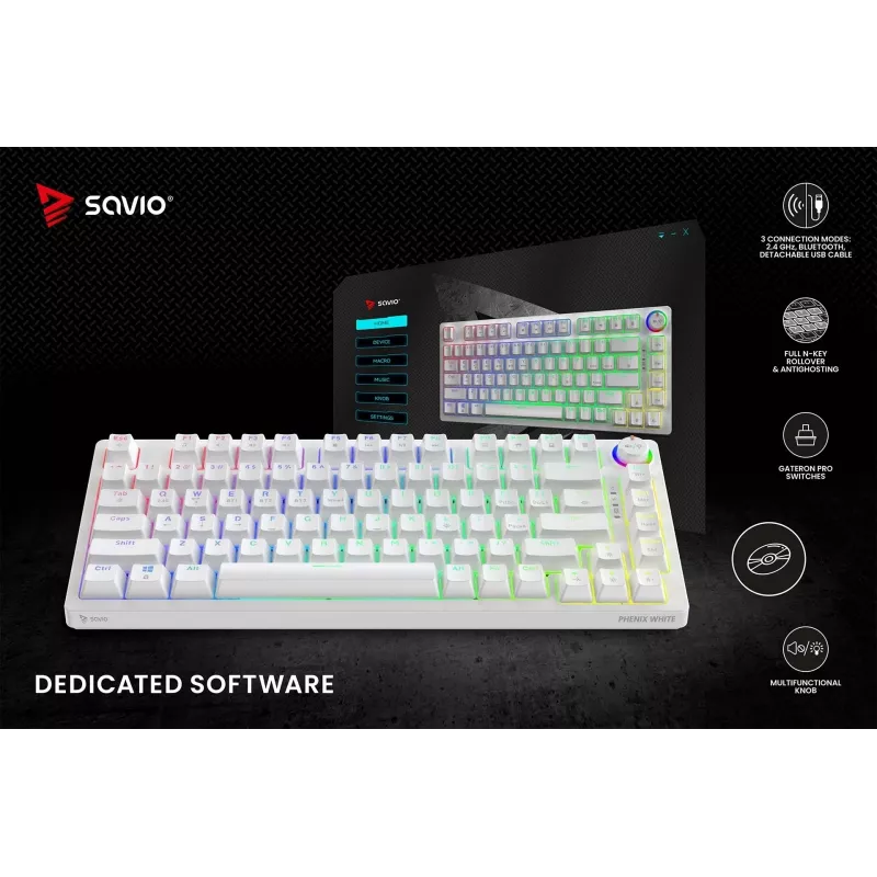 SAVIO PHENIX WHITE bezvadu mehāniskā tastatūra, Gateron Red Pro, ABS