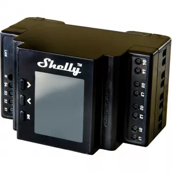 DIN-sliedes releja modulis Shelly 4 kanālu Pro 4PM Wi‑Fi, 4 kanāli, maiņstrāva 110–240 V, jaudas un enerģijas mērīšana, DIN montāža