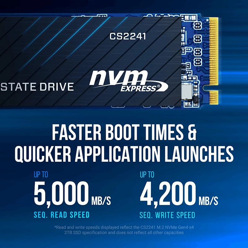 SSD PNY CS2241 M.2 NVMe PCIe 4.0 1TB — lasīšana 5100 MB/s, rakstīšana 3200 MB/s