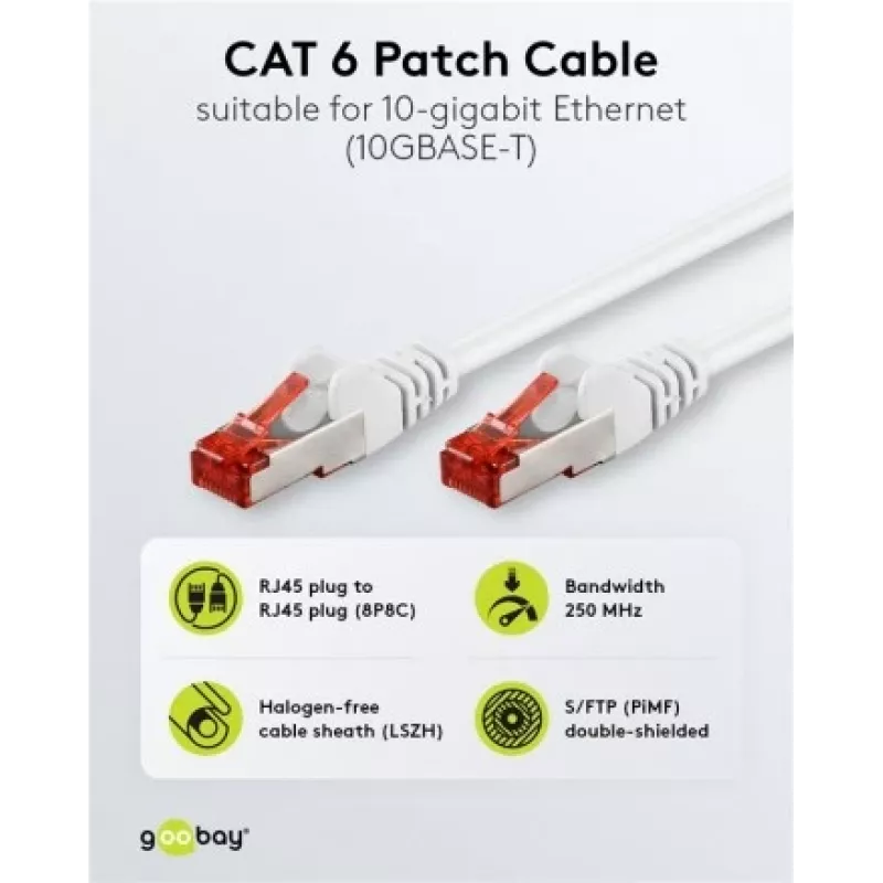 Wentronic Goobay CAT 6 komutācijas kabelis, S/FTP (PiMF), Balts, 3 m - LSZH Halogen-Free, Copper (93507)