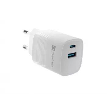 Vadu mobilo ierīču lādētājs NATEC NUC-2140, 30W, USB-C PD 3.0 + USB-A, Samsung AFC, Balts