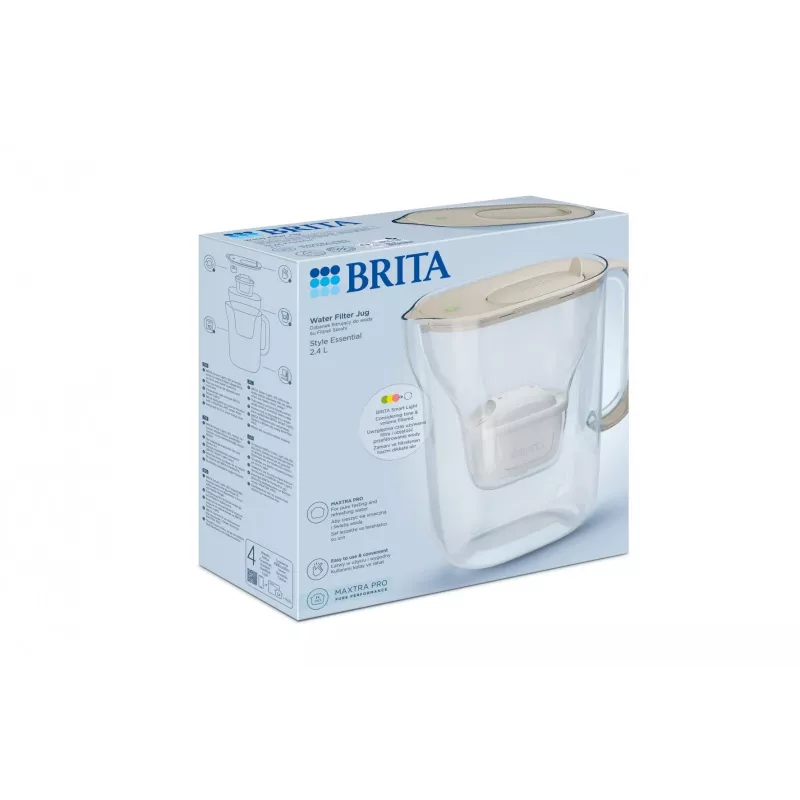 Ūdens filtrēšanas krūze BRITA Style Essential, 2,4 L tvertne (1,4 L filtrēts), MAXTRA, atverams vāks, smilšu krāsa
