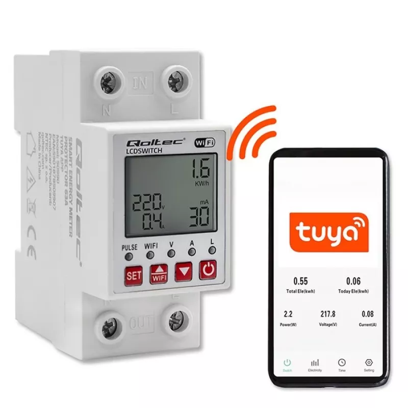 DIN-sliedes WiFi relejs QOLTEC 50990, vienkanāla, 63A pārslēgšana elektrības uzskaitei un tālvadībai