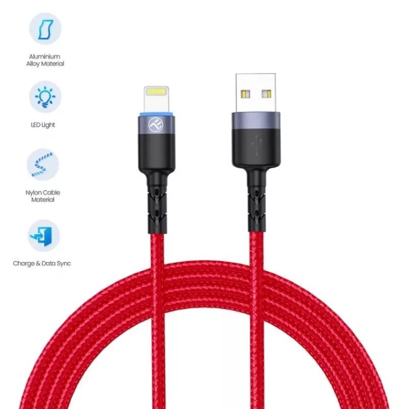 USB uz Lightning datu kabelis Tellur, 3A, 1,2 m, LED indikators, sarkans