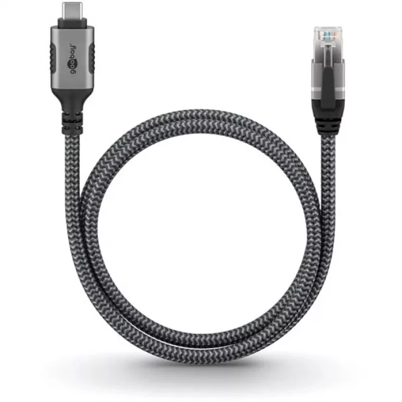 Ethernet kabelis USB-C 3.2 Gen2 spraudnis > RJ-45 spraudnis (melns/sudraba, 5 metri, pīts tekstila apvalks)