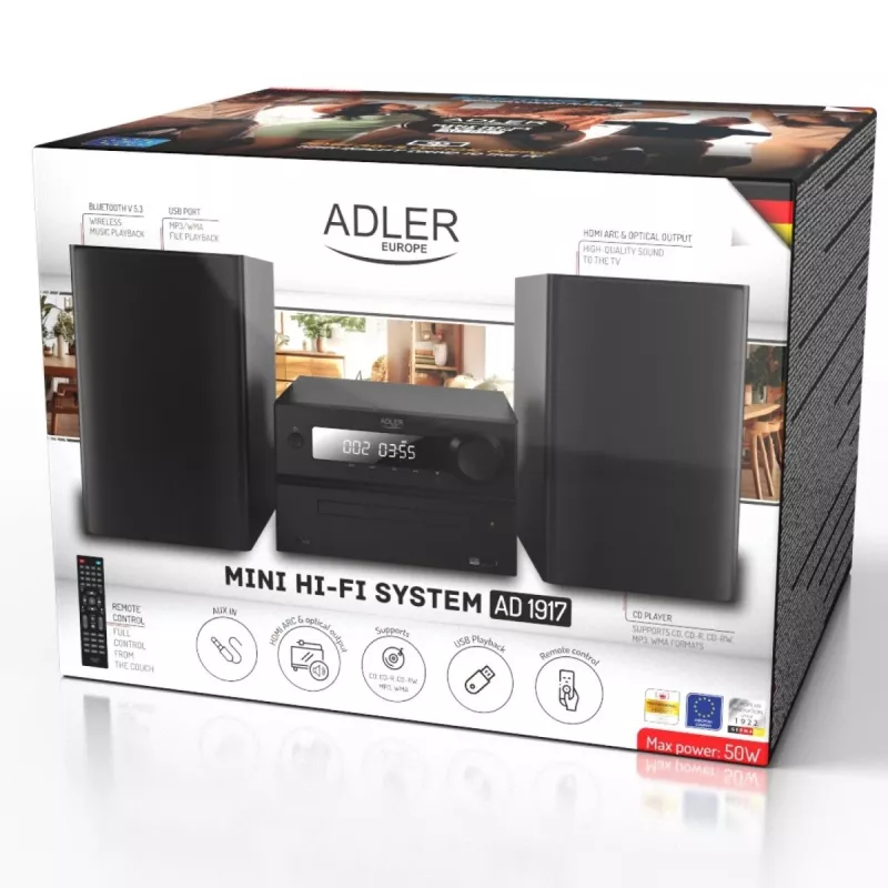 Mini Hi‑Fi stereo sistēma Adler AD 1917 — Bluetooth V5.3, CD/USB/MP3, 2×25W RMS, FM uztvērējs, 4 joslu EQ, AUX, melna