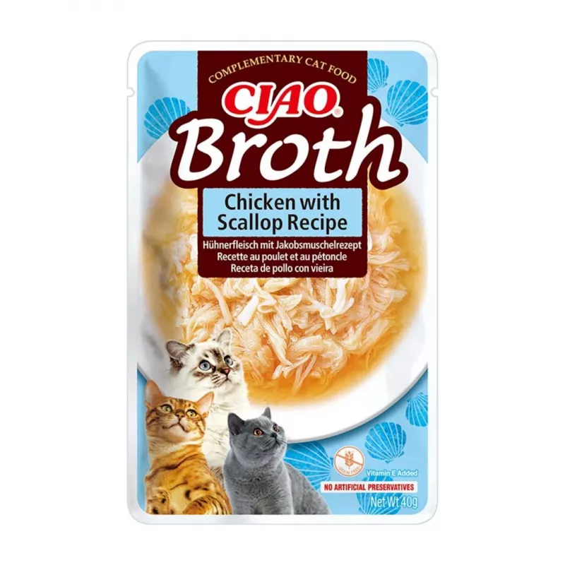 INABA Ciao Broth gardumi kaķiem, vista, zivs un ķemmīšgliemenes, 10 x 40 g
