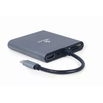 Gembird A-CM-COMBO6-01 USB-C 6-in-1 daudzportu adapteris, USB 3.1 Gen 1, HDMI 4K, VGA, PD 60 W, SD/microSD karšu lasītājs, 3,5 mm audio, pelēks