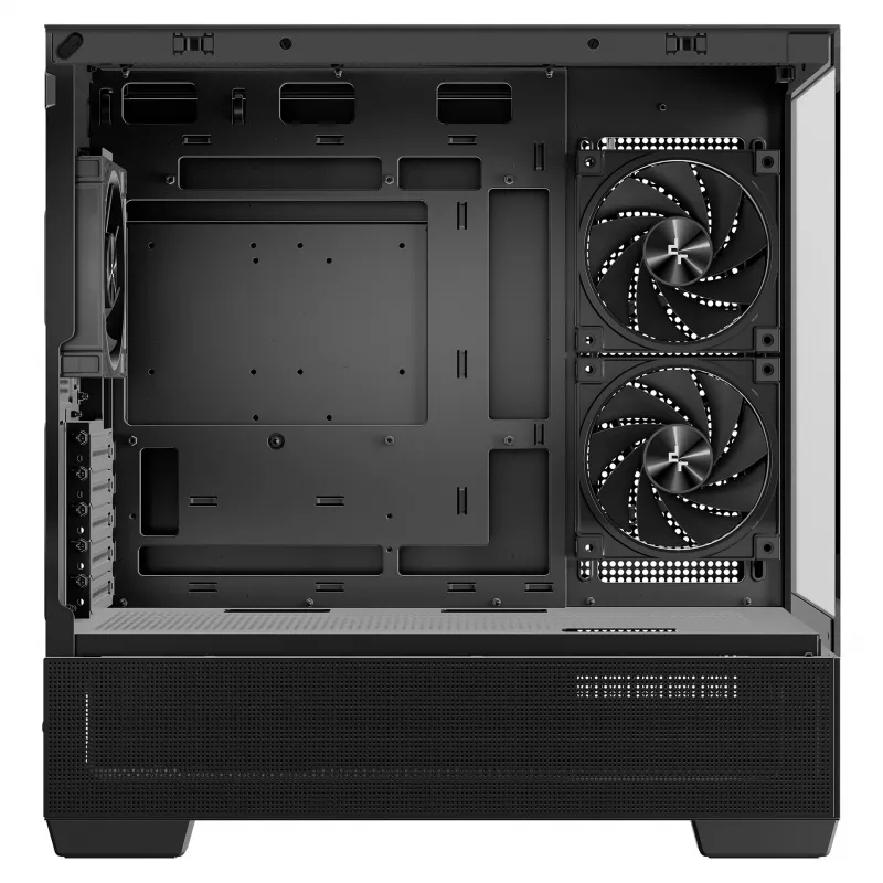 PC Midi Tower DeepCool CG380 3F — Melna, 235×437×451 mm, 2x120 mm sānu + 1x120 mm aizmugurējie ventilatori, apakšējais barošanas bloks, 2,5 collu/3,5 collu HDD