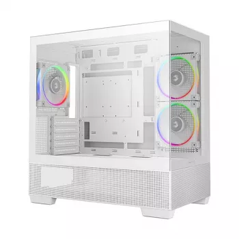 PC Midi Tower korpuss DeepCool CG380 3F WH — Balts, 235×437×451 mm, atbalsta 2,5 collu/3,5 collu, apakšā novietots barošanas bloks, 3x 120 mm ventilatori iekļauti