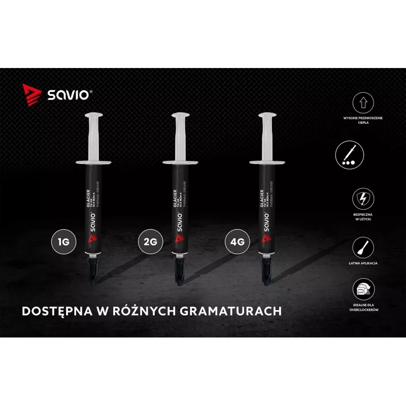 Termopasta SAVIO TG-04 4 g — siltumvadītspēja 14,5 W/m·K, darba temperatūra no -250 līdz 300 °C, pelēka