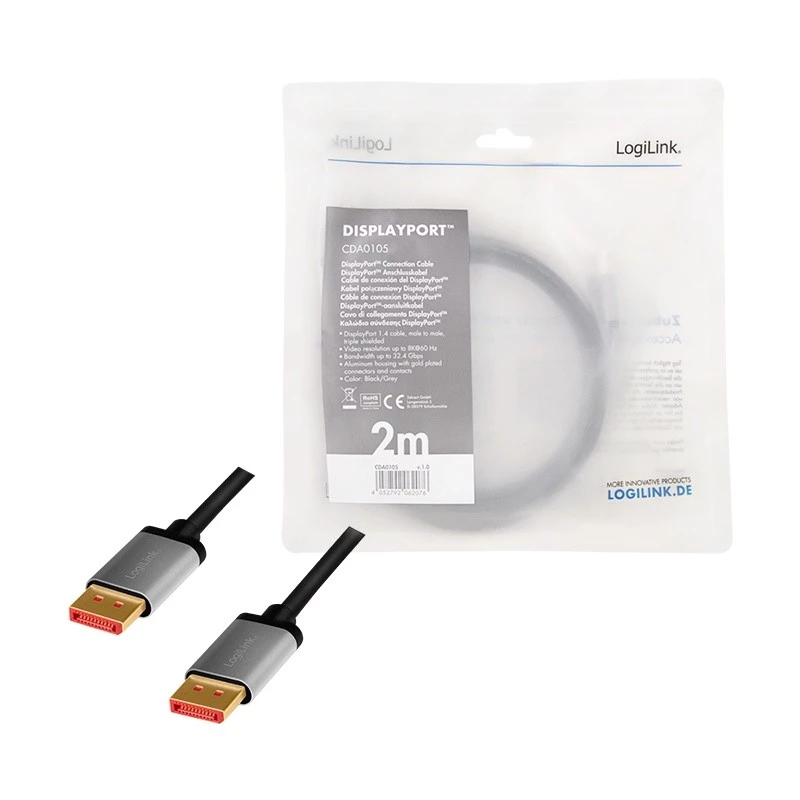 DisplayPort kabelis LogiLink CDA0105 2 m Melns Pelēks
