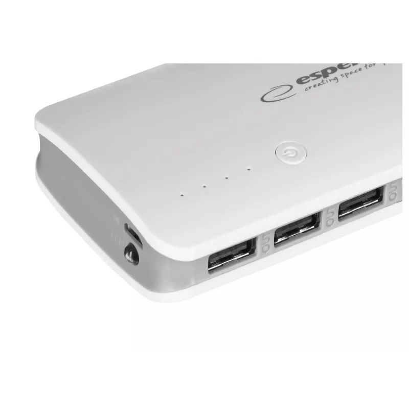 Pārnēsājamais lādētājs Esperanza EMP106WE Radium — 8000 mAh, 3 ierīču izeja, Micro-USB ieeja, 5V/2A & 5V/1.5A/1A izejas, pelēks