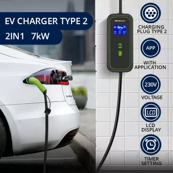 Qoltec Mobile EV Car Charger Adjustable 2in1 Type2 | 7kW | 230V | CEE 3 PIN | Wi-fi | LCD | Portable | Wallbox | 5m
