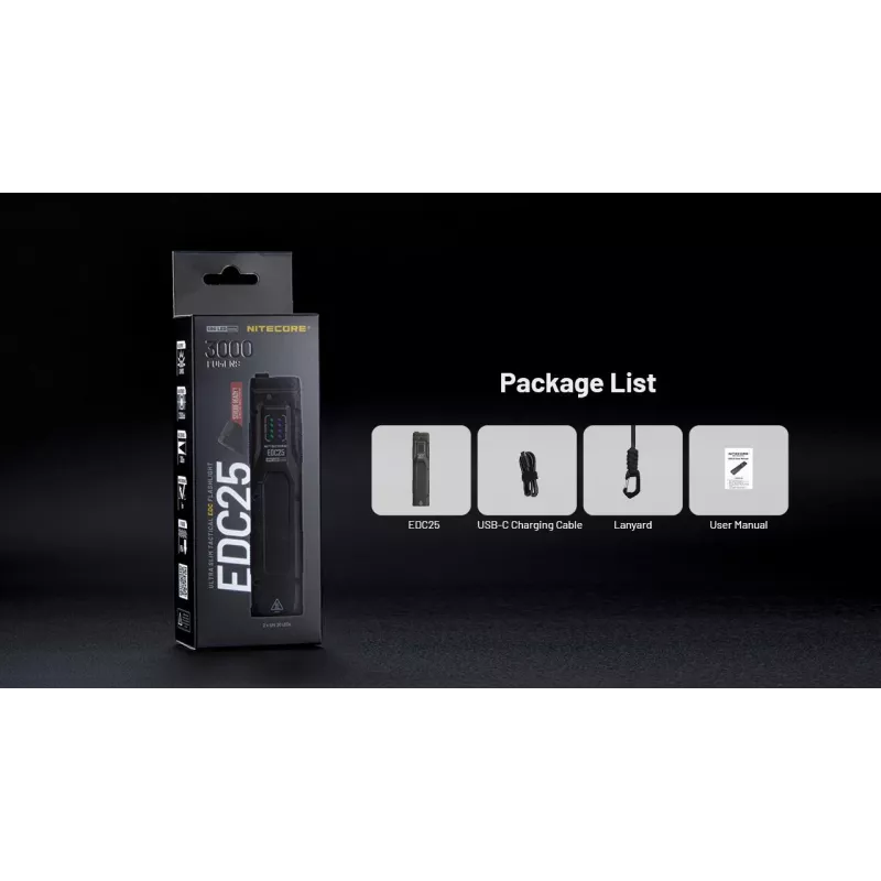 Taktiskā lukturītis Nitecore EDC25 — divu LED, 15 lm, alumīnija korpuss, uzlādējams caur USB, IP54, triecienizturīgs, melns