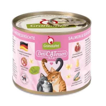 Mitrā kaķu barība Fox4Pets DeliCATessen lasis jūras veltes 200 g bundžiņa, pilnvērtīga pieaugušo kaķu barība, 10,2% olbaltumvielu, 5,5% tauku, 80% mitruma
