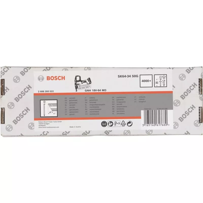 Iegremdētas galvas naglas Bosch SK64-34 34° 1.8 mm (15 ga) 4,000 gab. — paredzētas bezvada un pneimatiskajām naglotājām